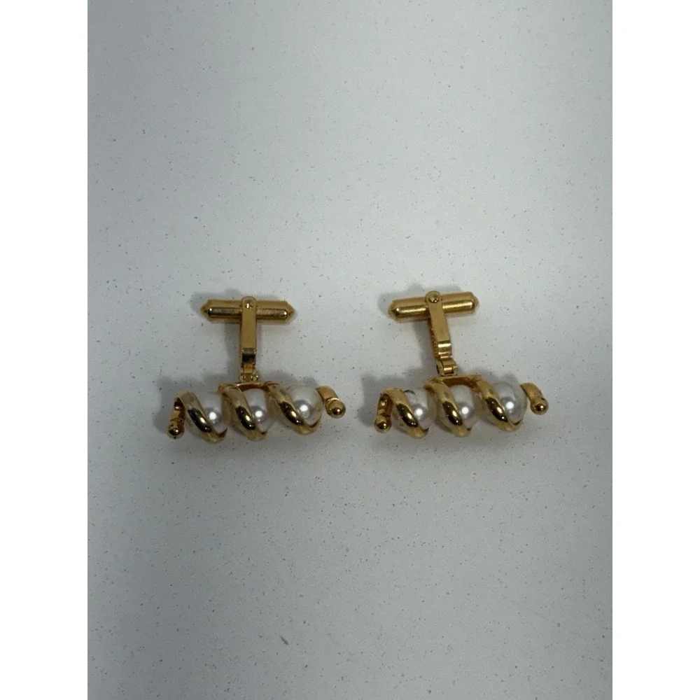 Destino Signed Toggle Cufflinks w/ 3 CAGED PEARLS in Spiral Cuff Links Gold Tone